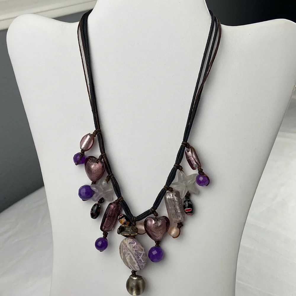Corded braided dichroic glass polished stone w faceted Millefiori beads necklace
